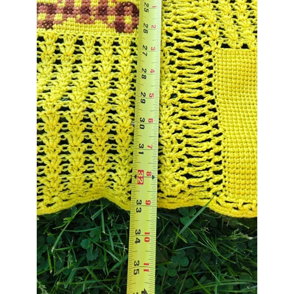 Vintage Handmade Crochet Baby Blanket Yellow With Brown Teddy & Heart Pattern